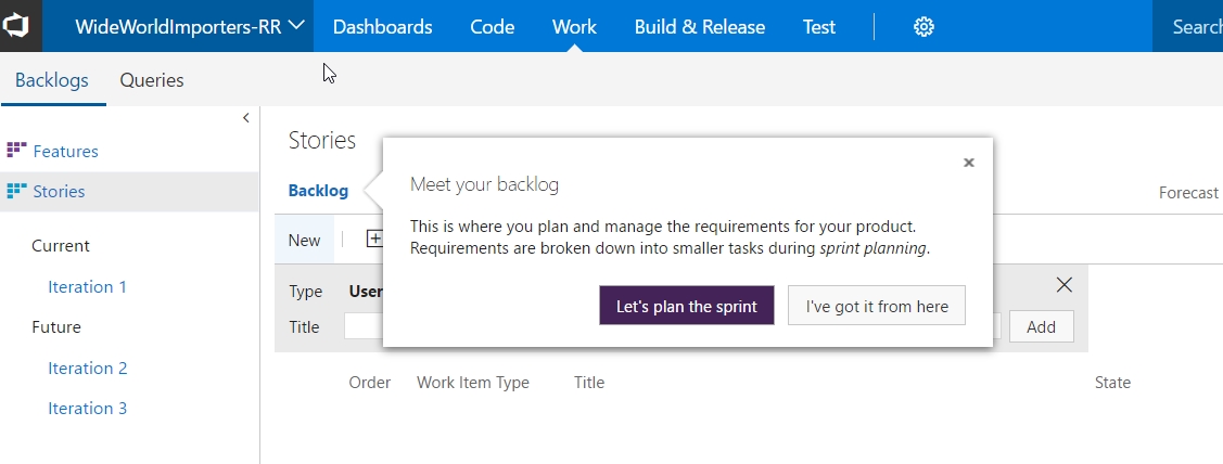 The Work tab is selected, and a callout displays for Backlog, explaining that this is where you plan and manage requirements for your project.
